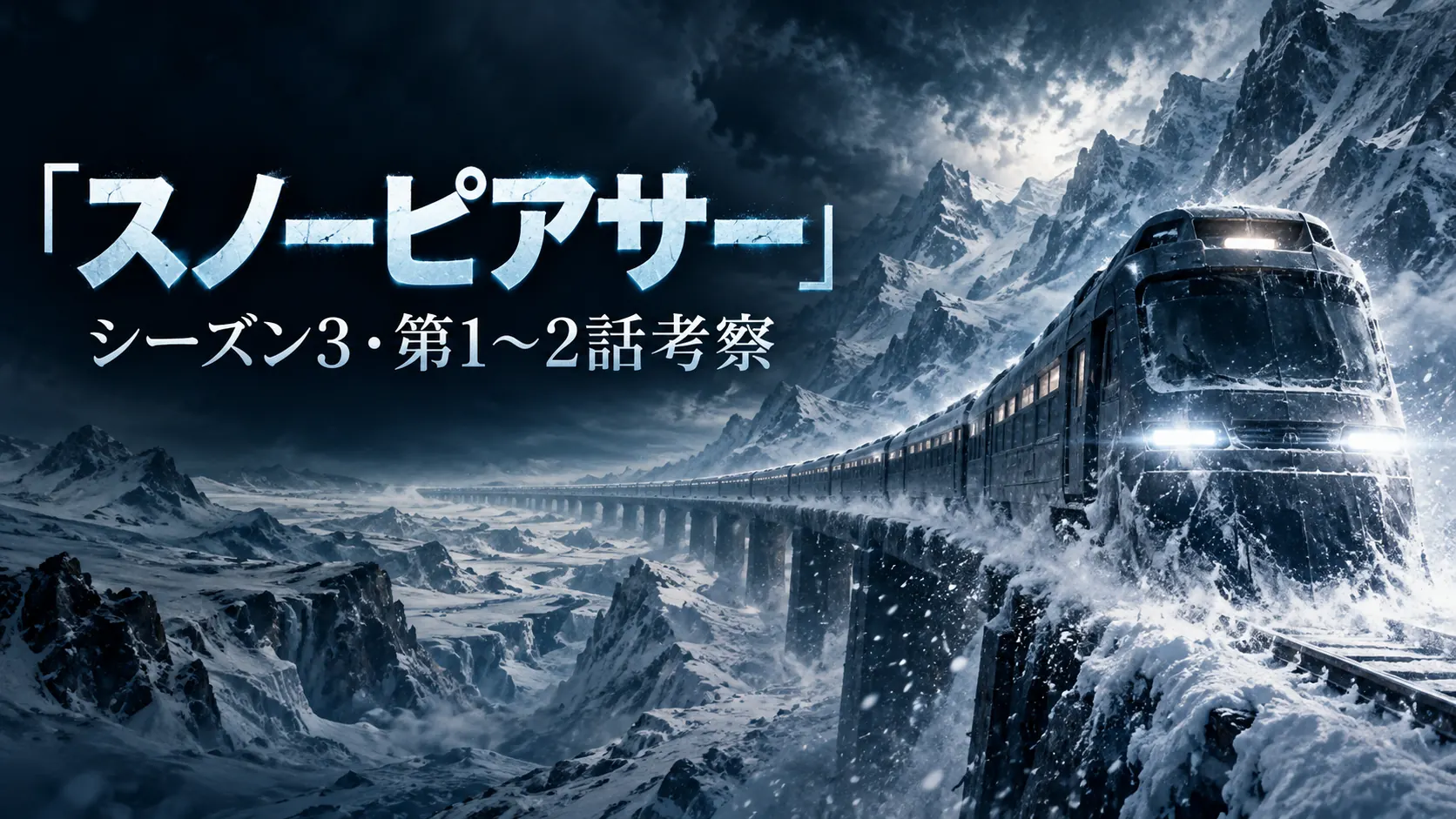 『スノーピアサー』シーズン3の作品ガイド向けオリジナルイメージ。吹雪の雪山を走る長い近未来列車と『シーズン3・第1〜2話考察』の文字。