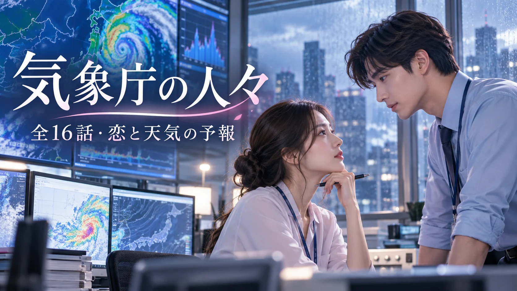 『気象庁の人々』の作品ガイド向けオリジナルイメージ。気象データ画面を背景に向かい合う架空の男女と『全16話・恋と天気の予報』の文字。