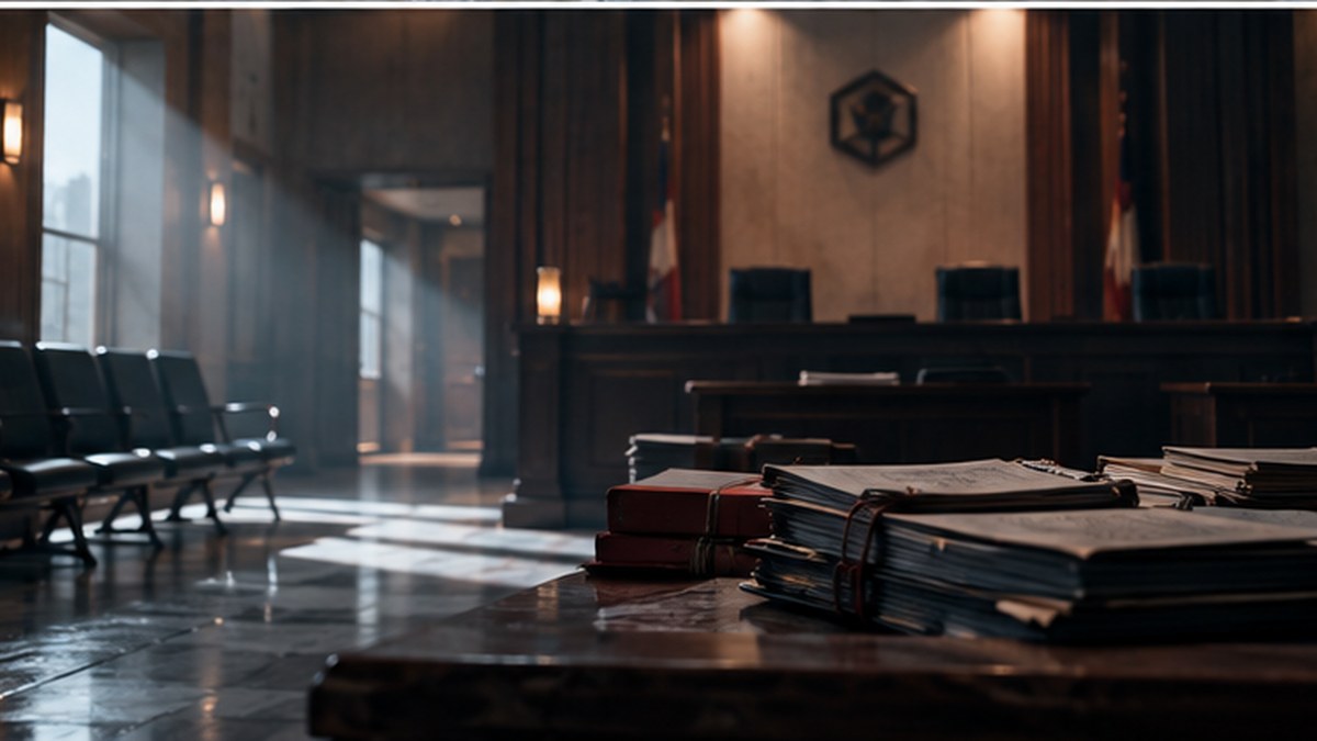 『未成年裁判』の無人法廷と事件ファイルをイメージしたSPGシネマのオリジナルアイキャッチ