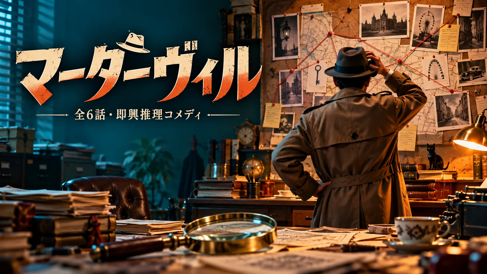 『マーダーヴィル』の作品ガイド向けオリジナルイメージ。資料が並ぶ探偵事務所と架空の刑事の後ろ姿、全6話・即興推理コメディの文字。
