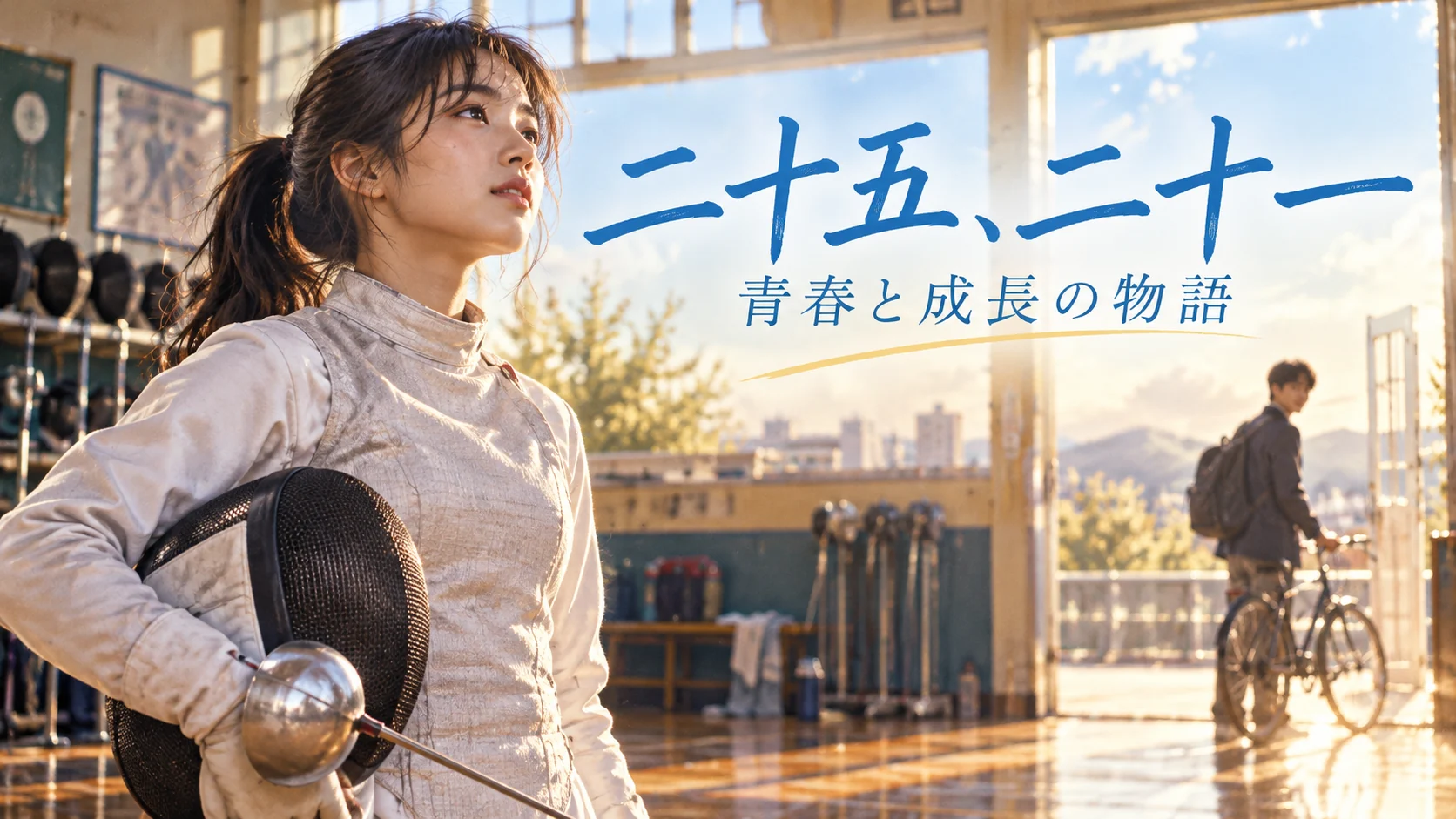 『二十五、二十一』の作品ガイド向けオリジナルイメージ。フェンシング練習場の架空の男女と『二十五、二十一 青春と成長の物語』の文字。