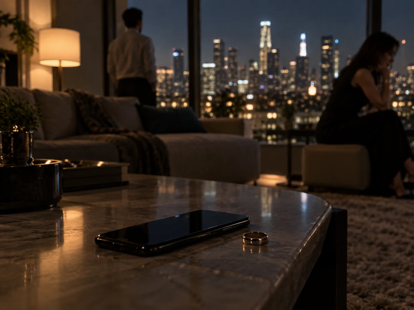 ロサンゼルスの夜景を望む室内。距離を置く夫婦とスマートフォンを描いた記事用のオリジナルイラスト