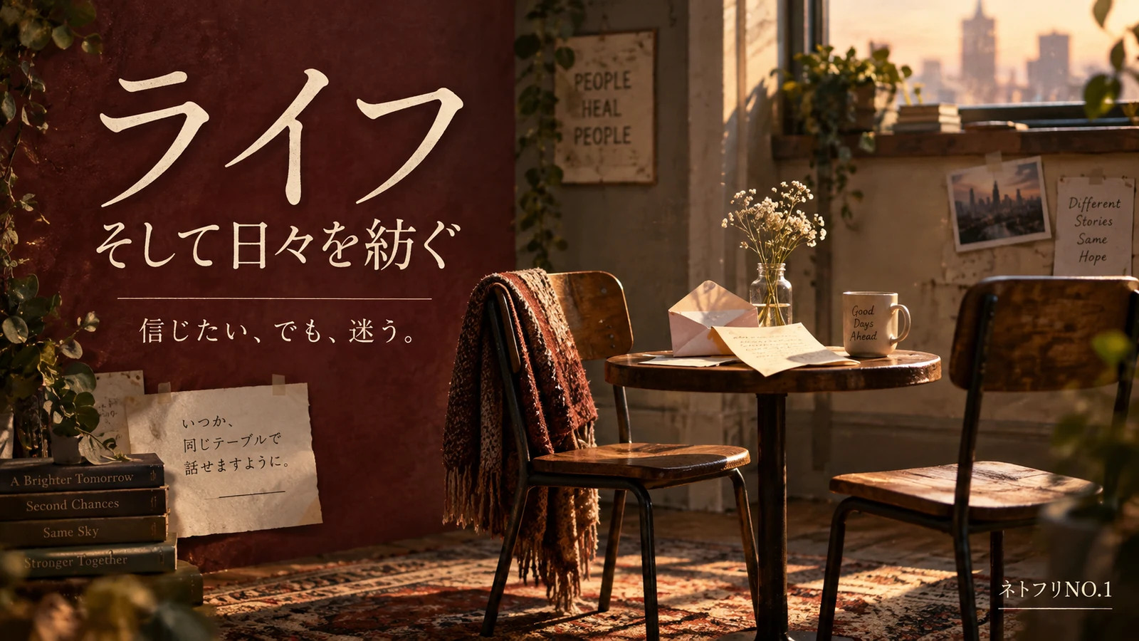 『ライフ:そして日々を紡ぐ』の作品ガイド用オリジナルAIイメージ。手紙のあるテーブルと二脚の椅子。