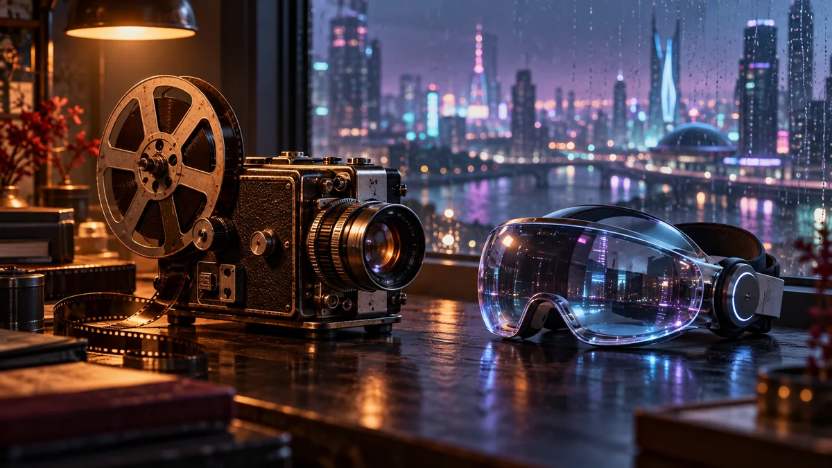 フィルムカメラと未来的なヘッドセットを並べた、映画と記録をテーマにした非公式のAIイメージ