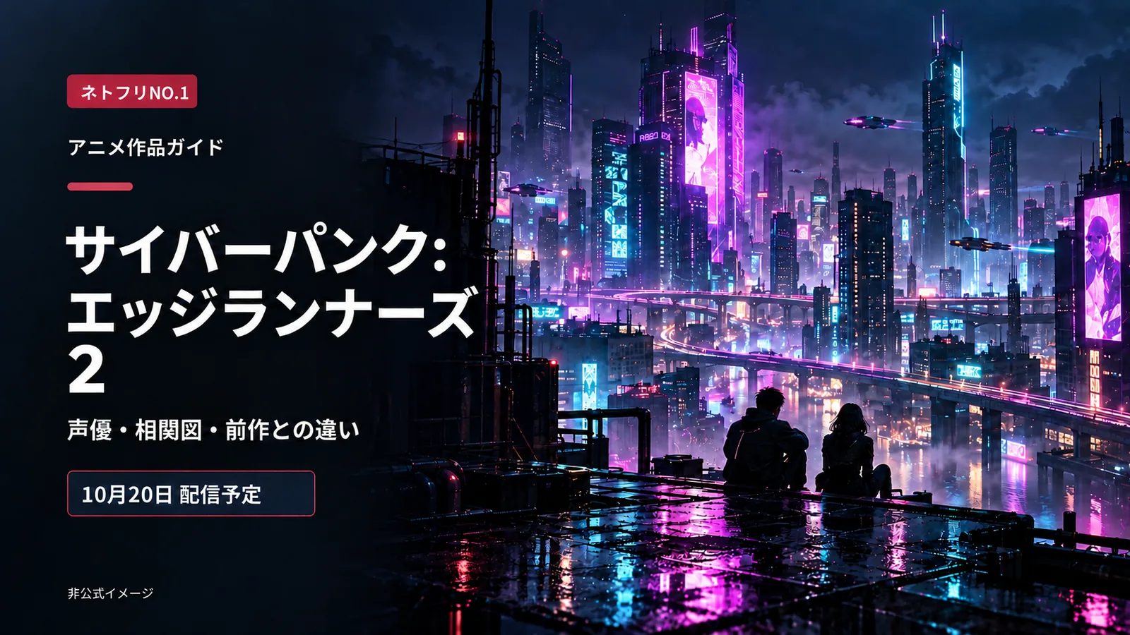 『サイバーパンク: エッジランナーズ2』声優・相関図・前作との違いを案内するネトフリNO.1のアイキャッチ。10月20日配信予定。非公式のAIイメージ。