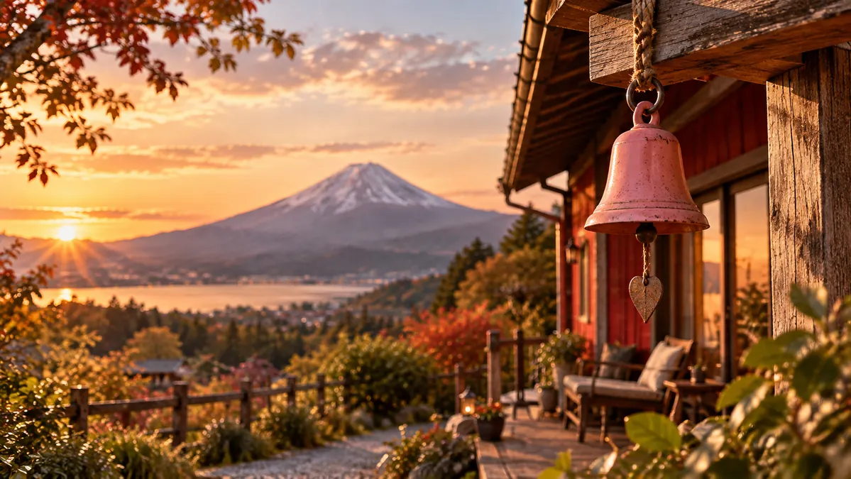 富士山を望む赤い家の軒先に、ピンクの鐘が掛かる夕景を描いたオリジナルイメージ