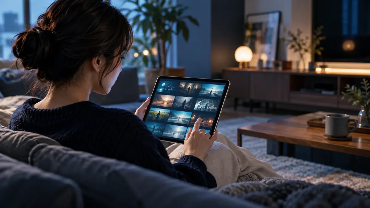 タブレットで視聴履歴の映画を選びながら整理する様子。編集部制作のイメージ画像