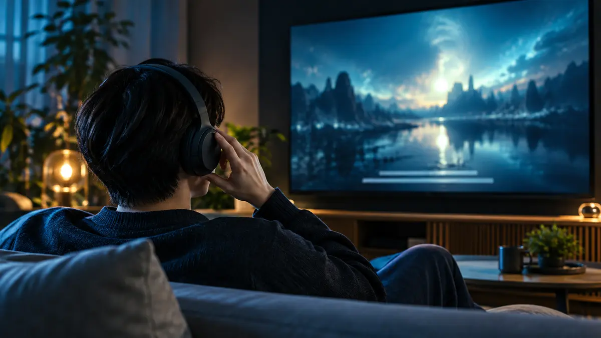 ヘッドホンで映画を鑑賞する様子。字幕表示はイメージで実際のアプリ画面ではありません