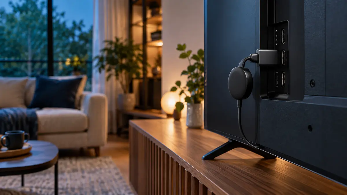 テレビ背面のHDMI端子にストリーミング機器を接続するイメージ。機器の実機写真ではありません