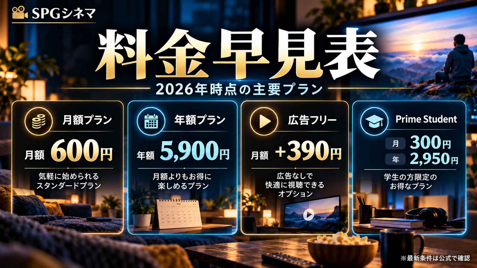 Amazonプライムの月額600円、年額5900円、広告フリー月390円、Prime Student料金をまとめた早見表