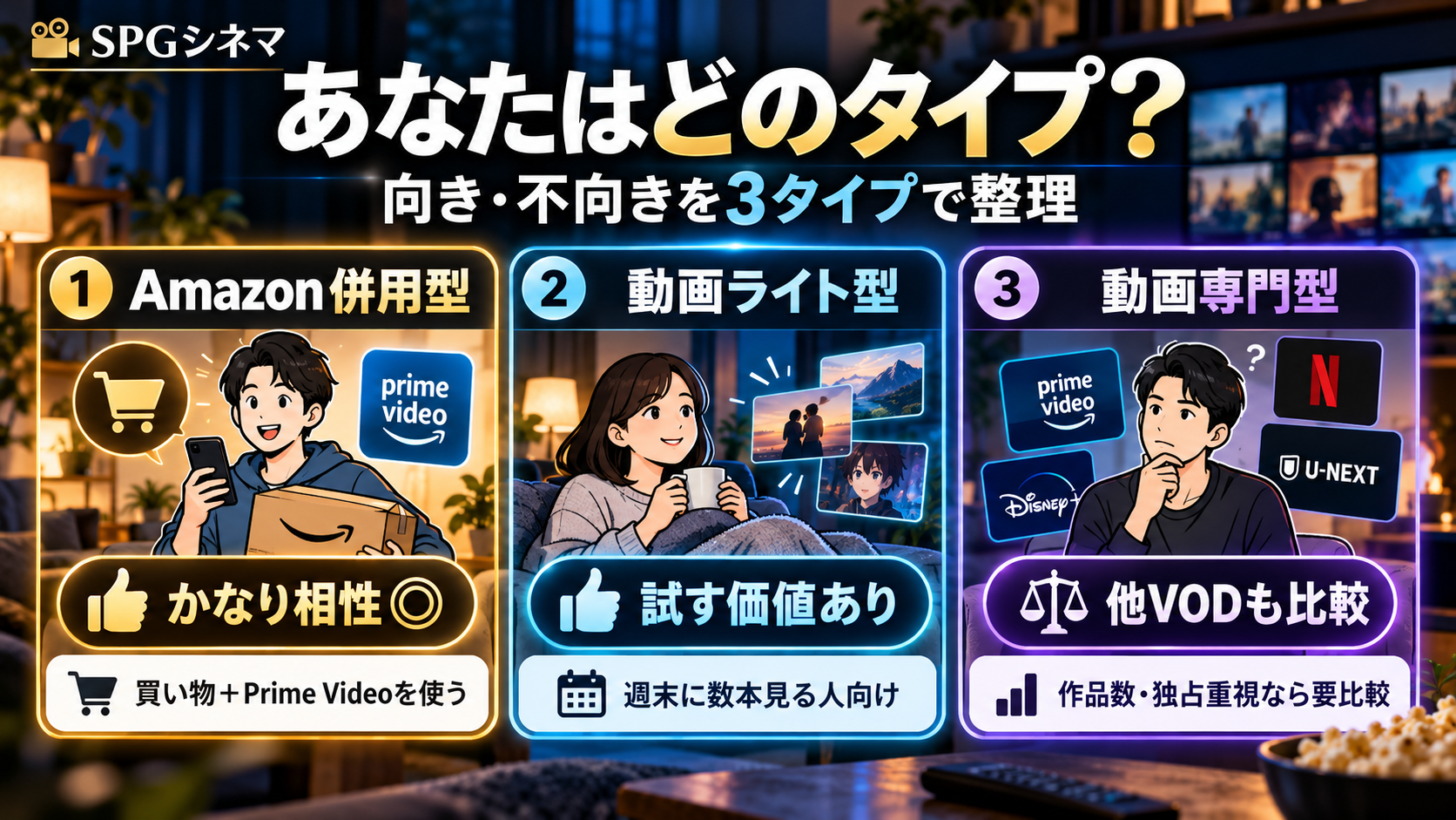 Amazon併用型、動画ライト型、動画専門型の3タイプでAmazonプライムの向き不向きを整理した図解