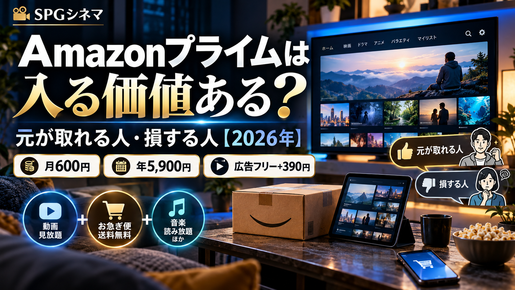 Amazonプライムは入る価値があるか、元が取れる人と損する人を解説するSPGシネマのアイキャッチ
