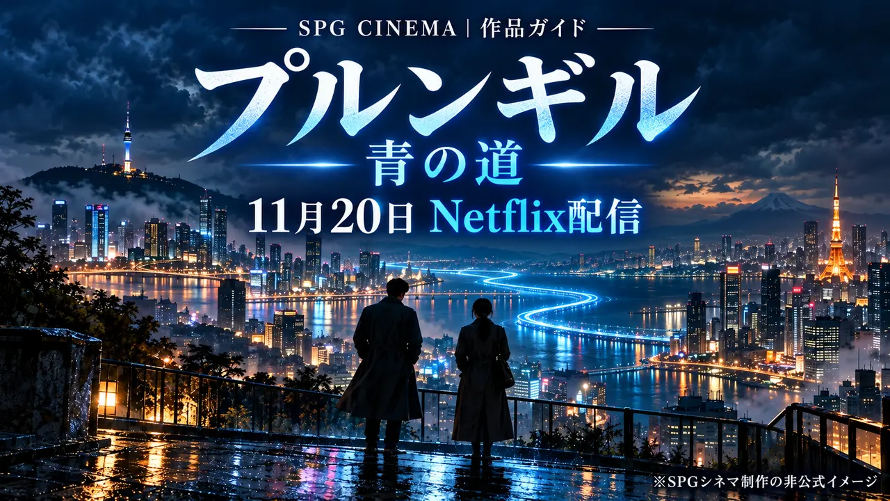 『プルンギル－青の道－』11月20日Netflix配信の文字を載せた、青い光の道と日韓2人の刑事を描くSPGシネマ制作の非公式イメージ
