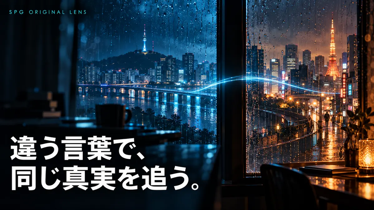 雨のソウルと東京を青い光が結ぶSPG ORIGINAL LENSの文字入りイラスト。違う言葉で、同じ真実を追う。