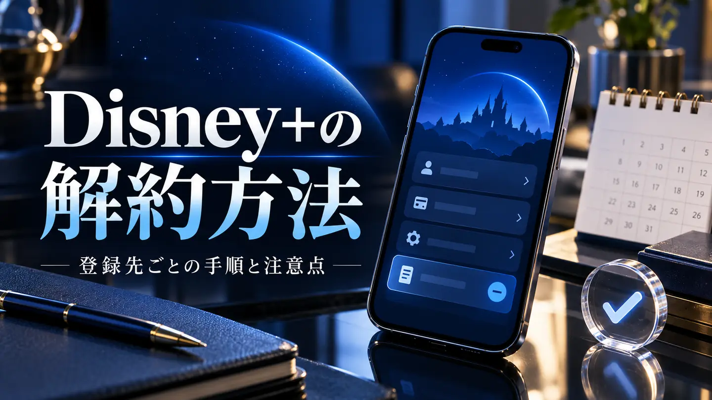 Disney+の解約方法を契約窓口別に解説する青色のスマートフォンビジュアル