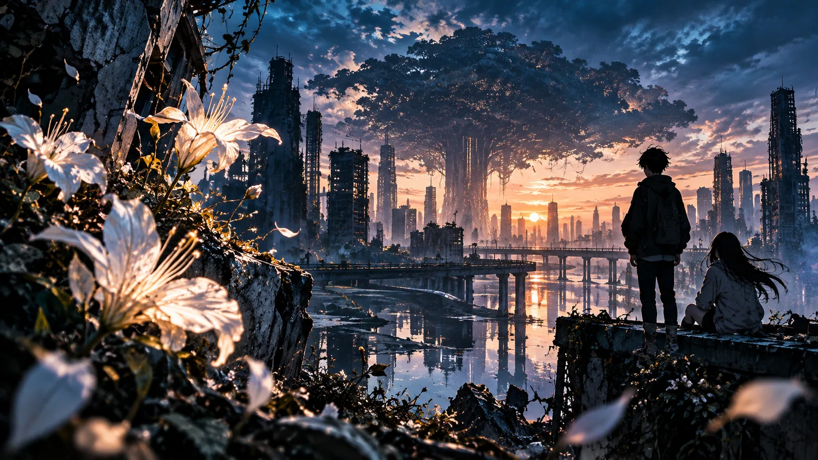 『フールナイト』の暗い未来都市と人が植物へ変わる世界をイメージしたSPGシネマのオリジナルアイキャッチ