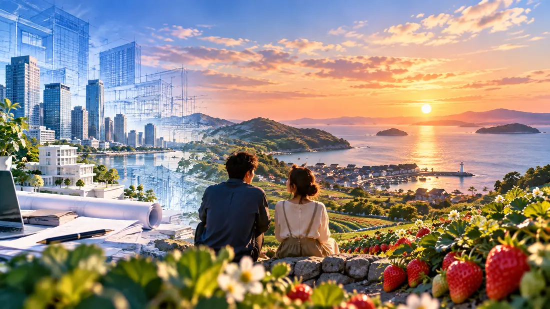夕暮れの港町とイチゴ畑、都市の設計図が重なる、ユビンと夏凛の価値観の違いを表現したSPGシネマのオリジナルイラスト