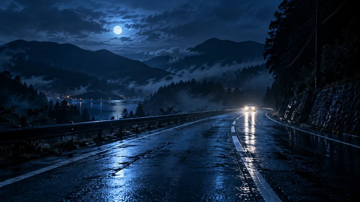 『プルンギル -青の道-』のミステリーをイメージした夜の山道と車の非公式創作画像