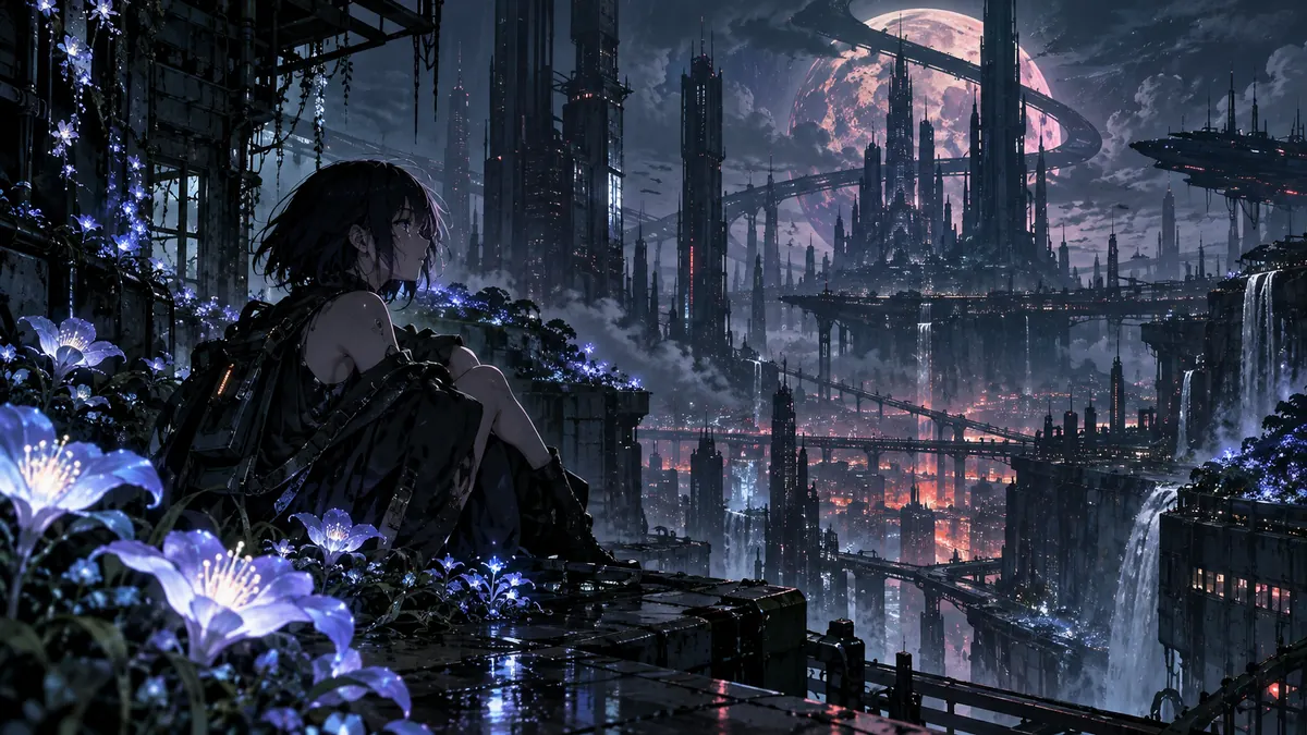 『フールナイト』の世界観から発想した光る植物と未来都市の非公式創作イラスト