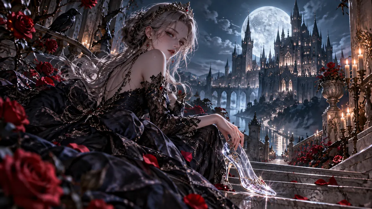 『リリスとシンデレラのおとぎの王国』をイメージした女性・城・ガラスの靴の非公式創作画像