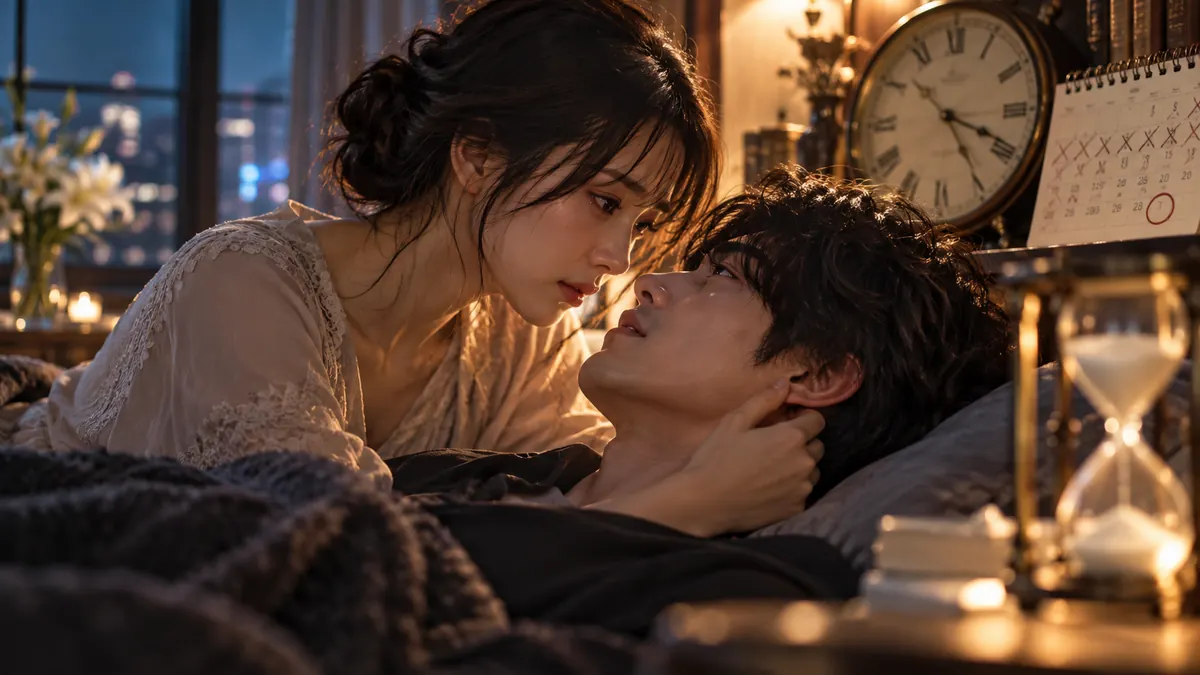 『余命一年、男をかう』の限られた時間と恋愛を表現した男女・時計・砂時計の非公式創作画像
