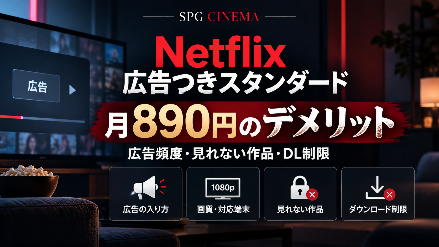 Netflix広告つきスタンダードの月額890円、広告頻度、見れない作品、ダウンロード制限を解説するSPGシネマのアイキャッチ