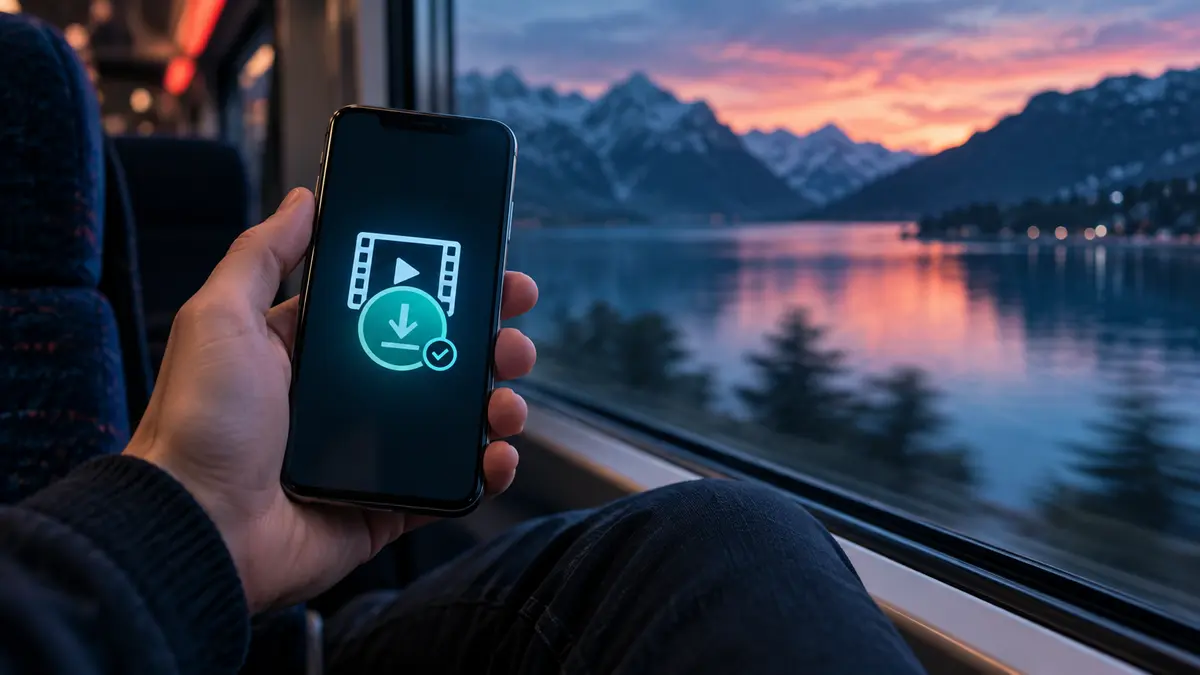 スマートフォンに表示されたダウンロード完了のイメージ。オフライン視聴前の確認を表す