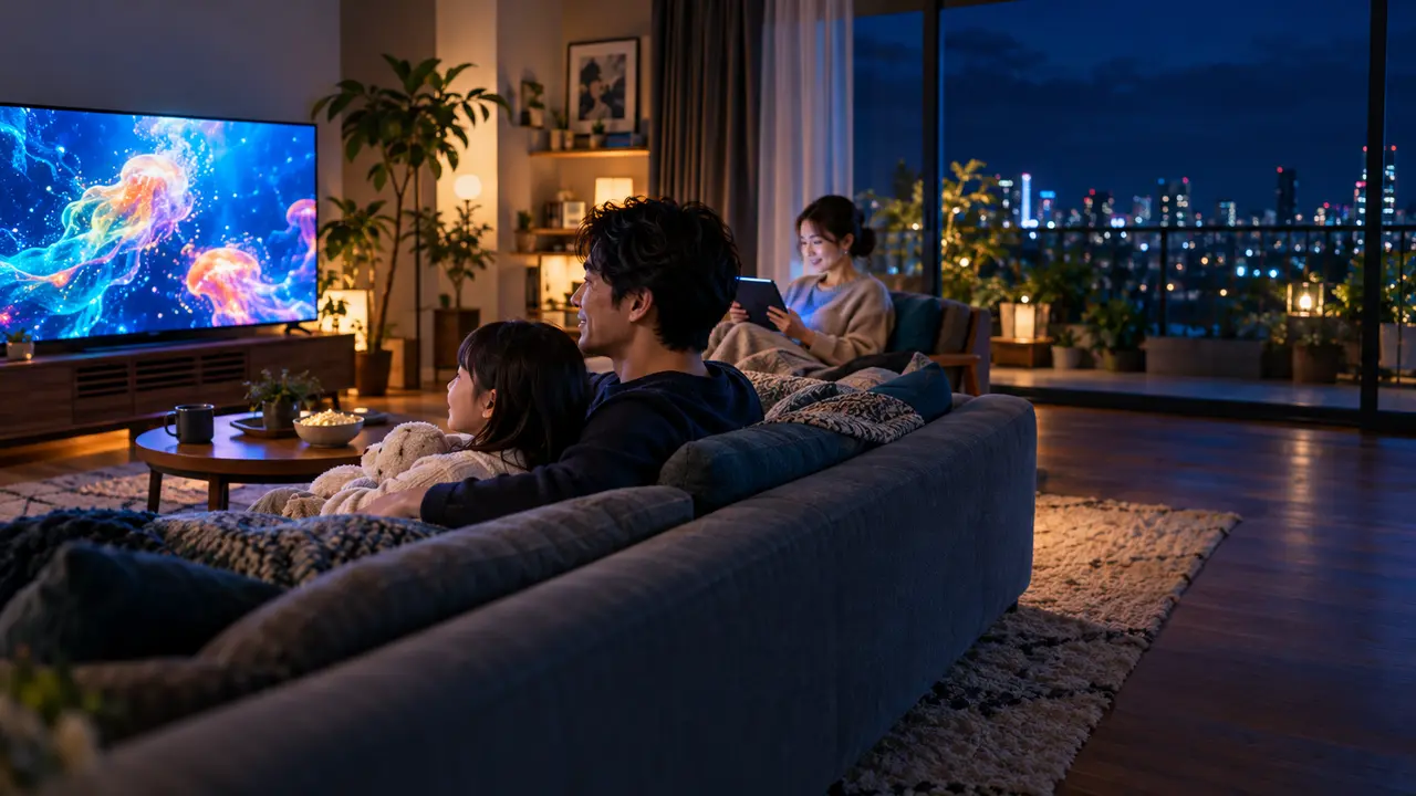 家族がリビングのテレビとタブレットでそれぞれ動画を視聴する様子