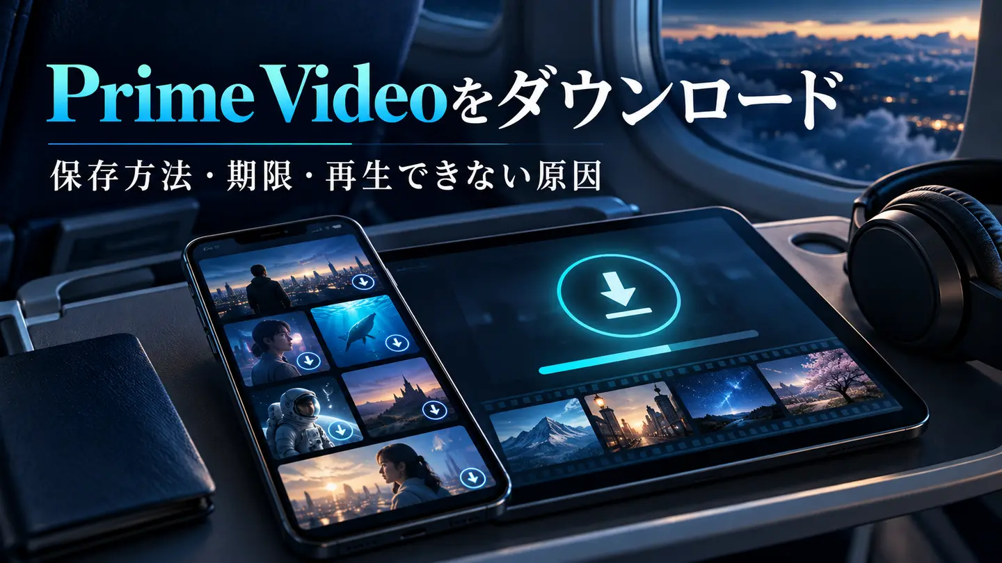Prime Videoのダウンロードとオフライン再生を紹介する機内のスマートフォン・タブレット画像