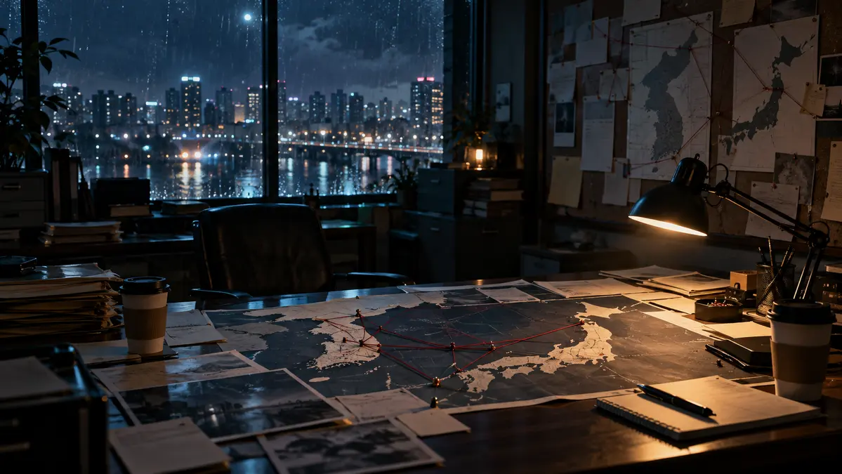 雨の夜の捜査室で、日本と韓国の地図を赤い糸で結んだSPGシネマ制作の非公式イメージ