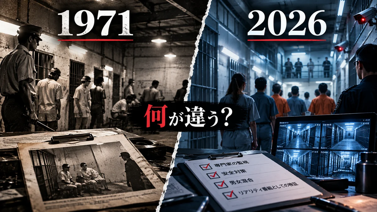 1971年のスタンフォード監獄実験と2026年Netflix版の違いを比較した図解