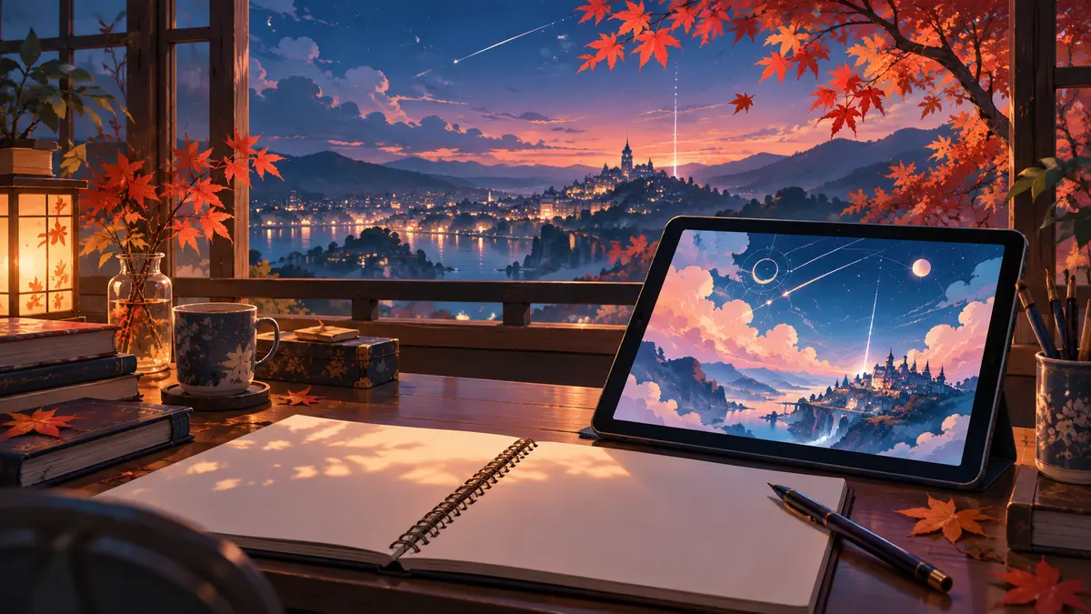 秋の紅葉が見える窓辺で、アニメ風のオリジナルファンタジー風景を映すタブレット
