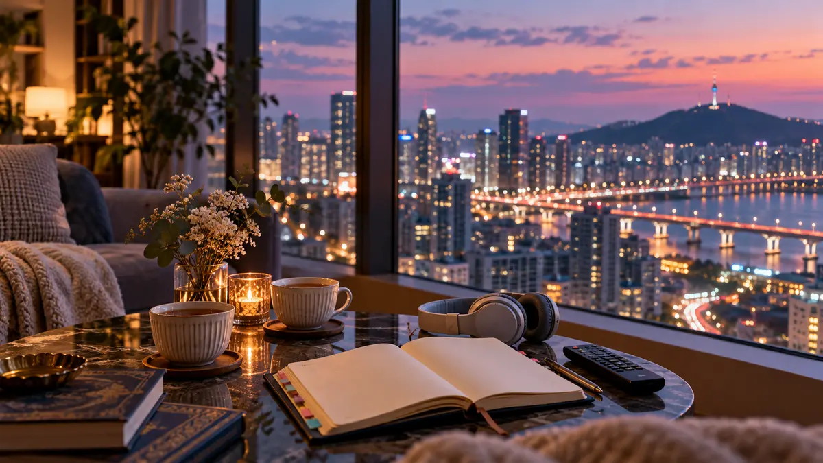 夕暮れの韓国の都市を眺める室内に、ドラマ鑑賞用のお茶やノートが並ぶ風景