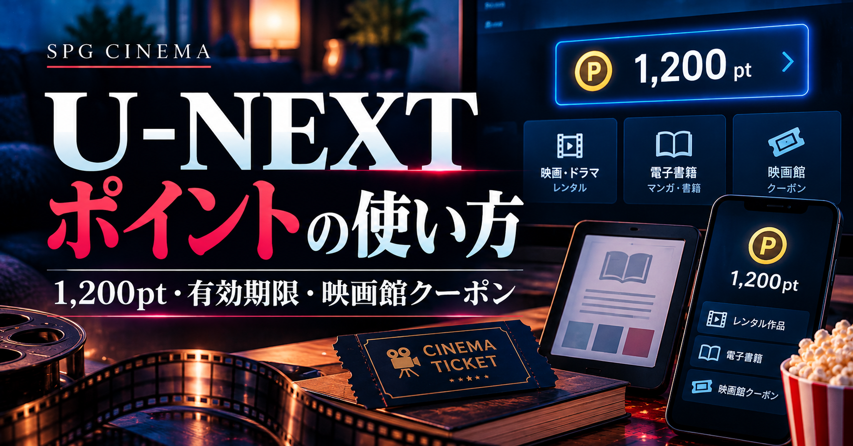 U-NEXTポイントの使い方、有効期限、映画館クーポンを解説するSPGシネマのアイキャッチ画像