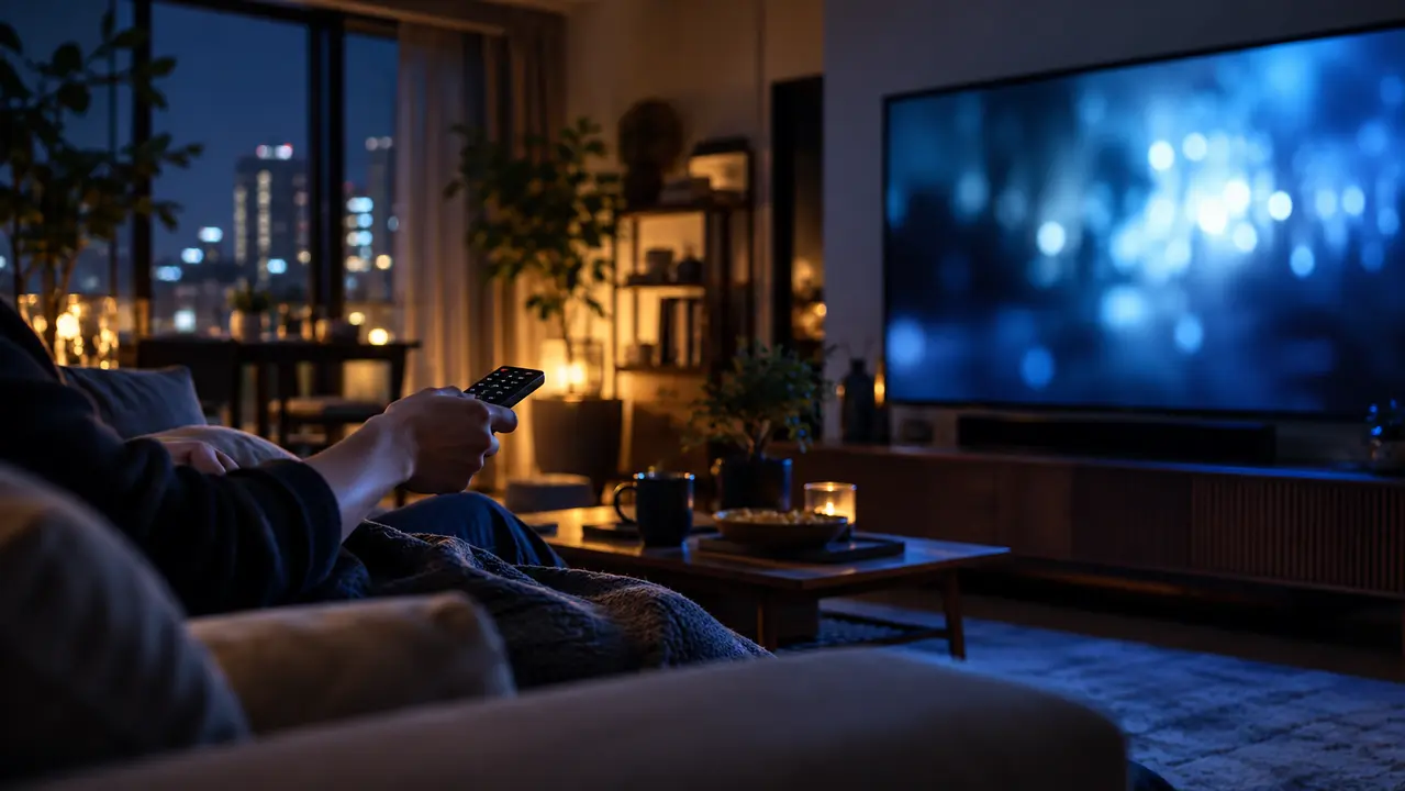 リビングでリモコンを持ち、映画をゆっくり楽しむ人とテレビ