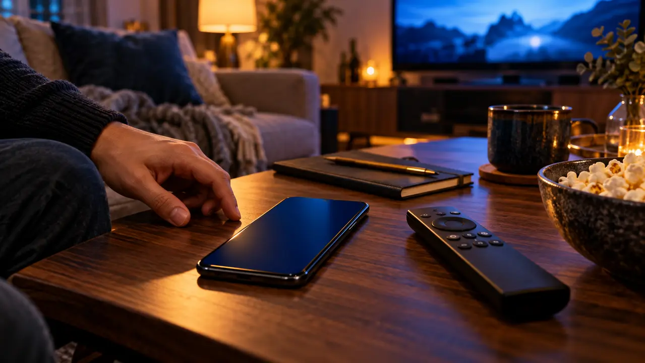 映画視聴中のリビングのテーブルに置かれたスマートフォンとテレビのリモコン