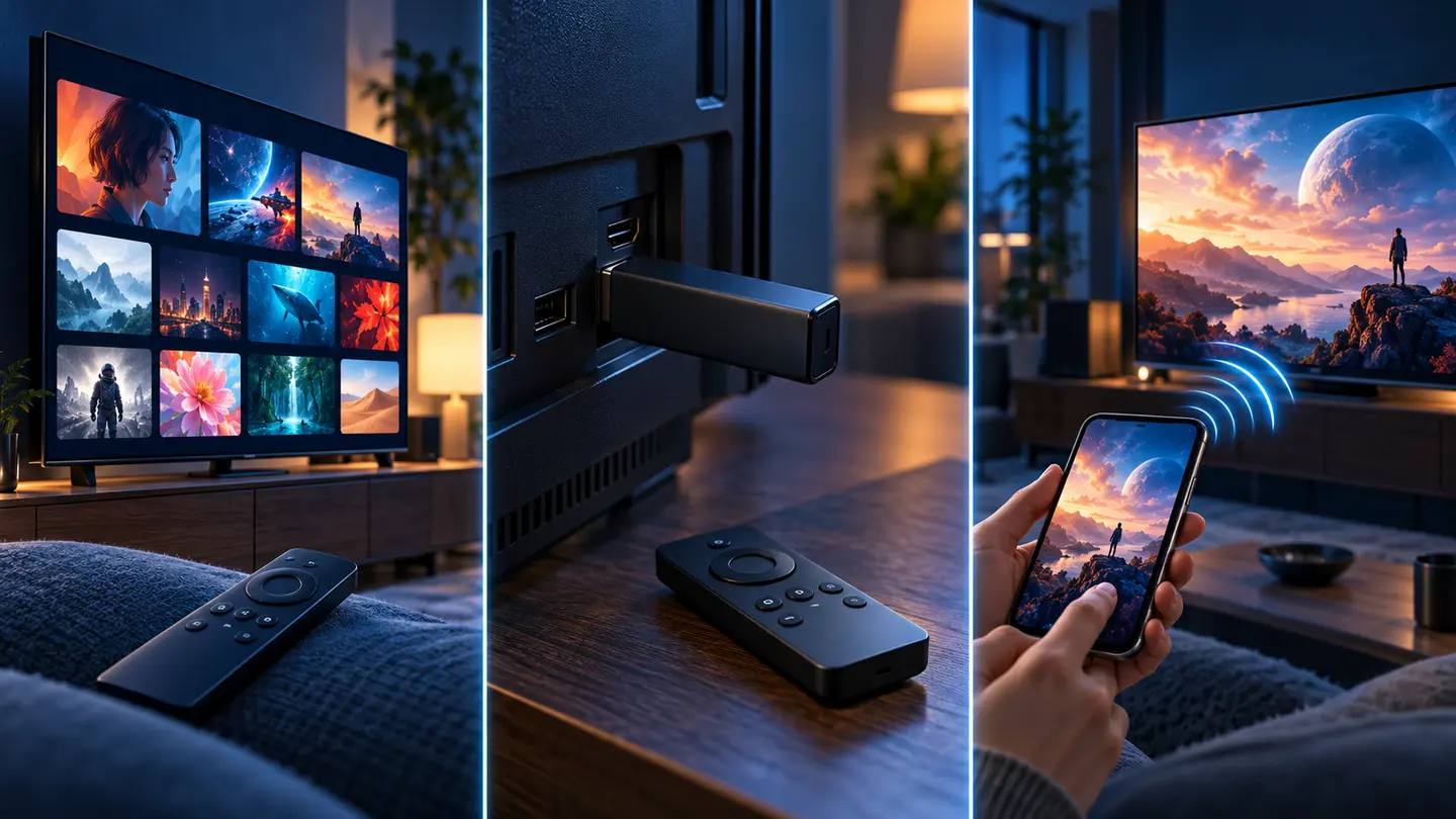 スマートテレビのアプリ、HDMI接続のFire TV型端末、スマホからキャストする3通りの視聴方法を比較した図